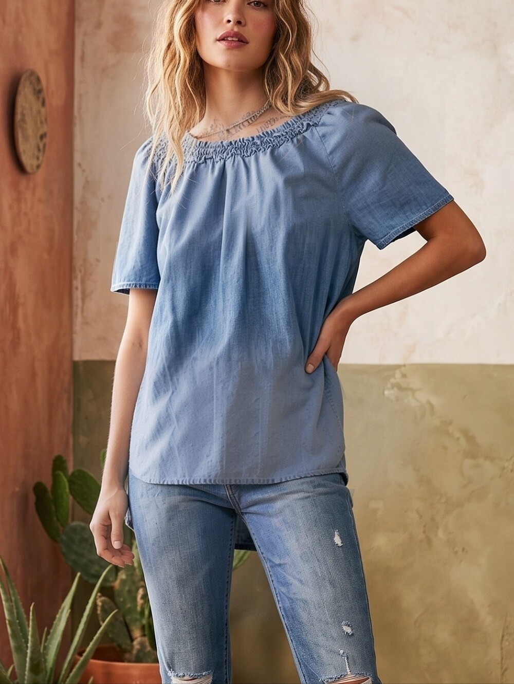 Michael Stars Tencel Linen Smocked Blouse Blue Chambray Top Medium